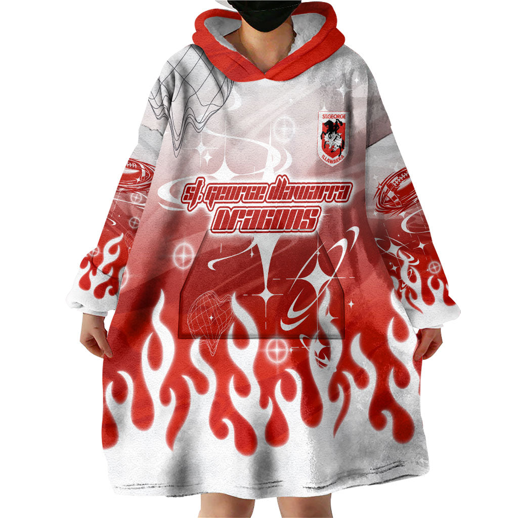 Personalized St. George Illawarra Dragons Wearable Blanket Hoodie Y2K Grunge Aesthetic With Cyber Flames and Starburst Graphics