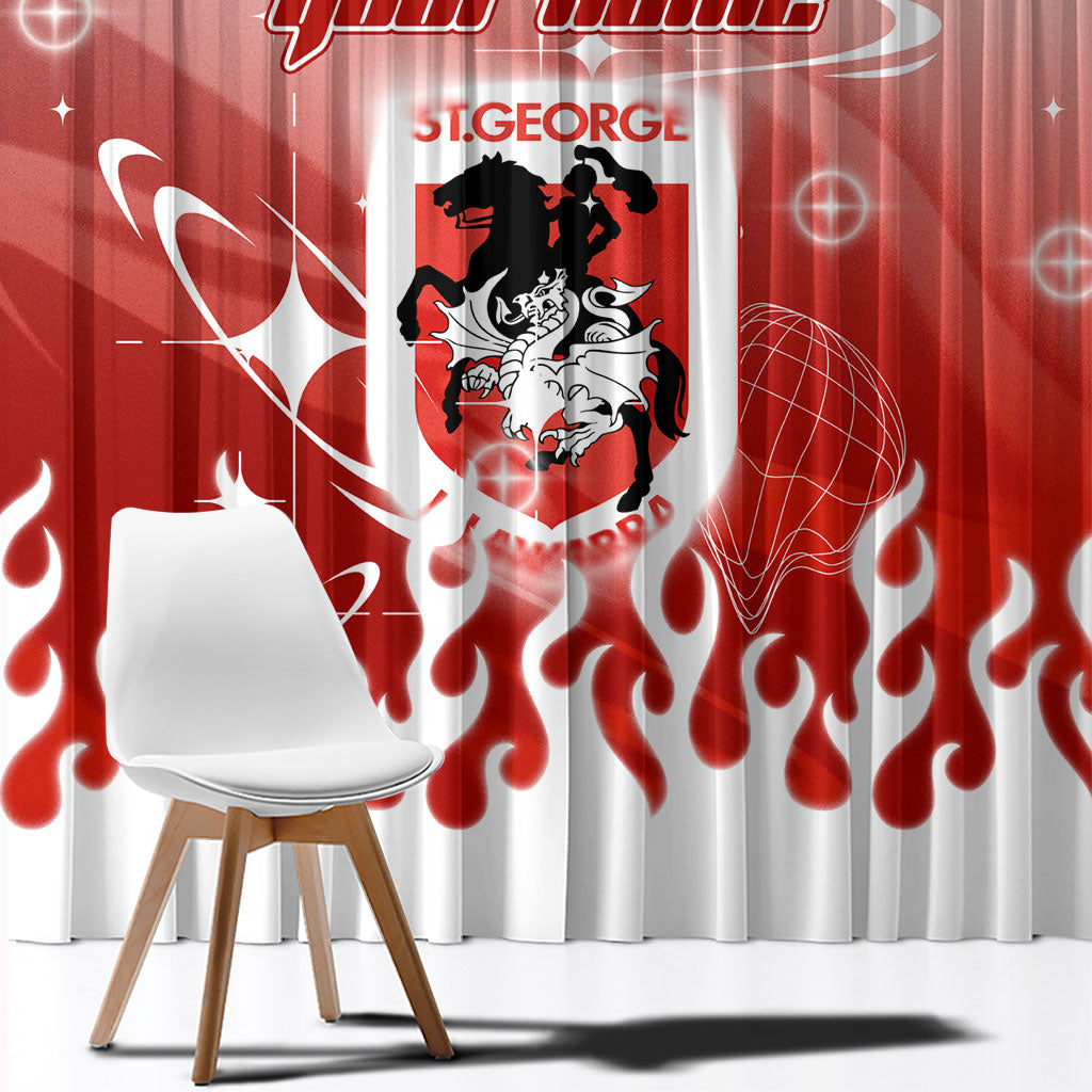 Personalized St. George Illawarra Dragons Window Curtain Y2K Grunge Aesthetic With Cyber Flames and Starburst Graphics