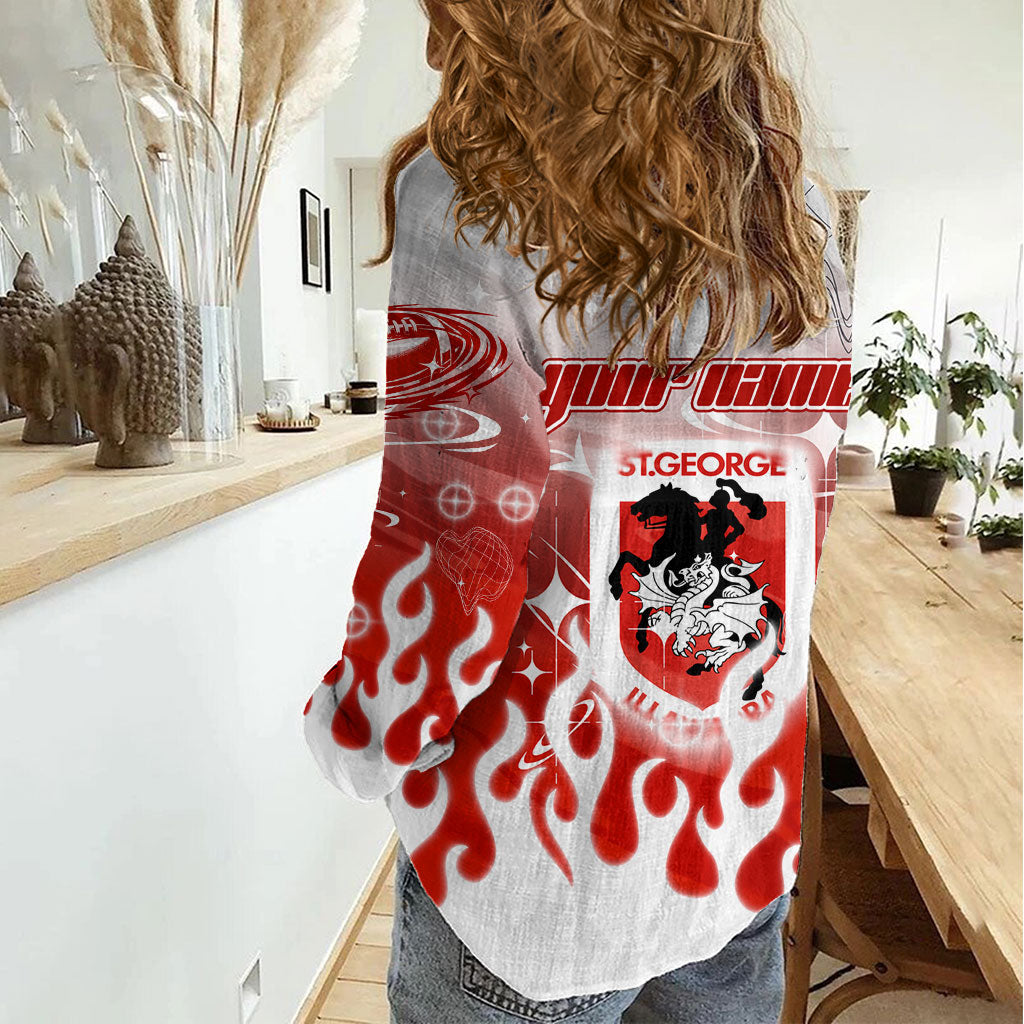Personalized St. George Illawarra Dragons Women Casual Shirt Y2K Grunge Aesthetic With Cyber Flames and Starburst Graphics