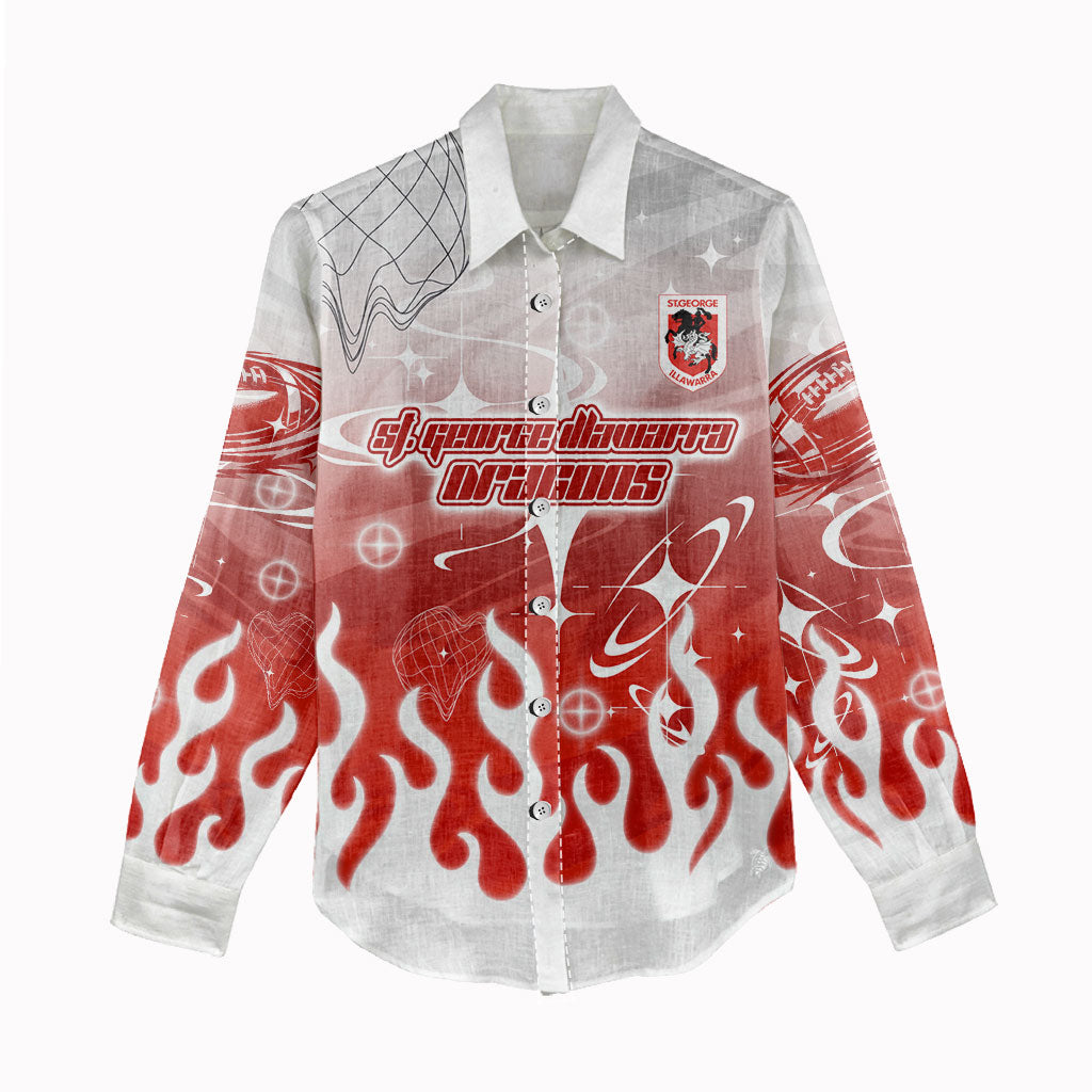 Personalized St. George Illawarra Dragons Women Casual Shirt Y2K Grunge Aesthetic With Cyber Flames and Starburst Graphics
