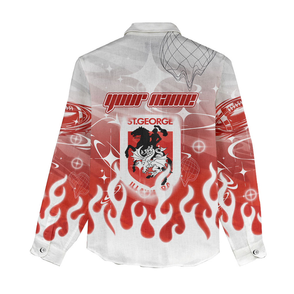 Personalized St. George Illawarra Dragons Women Casual Shirt Y2K Grunge Aesthetic With Cyber Flames and Starburst Graphics