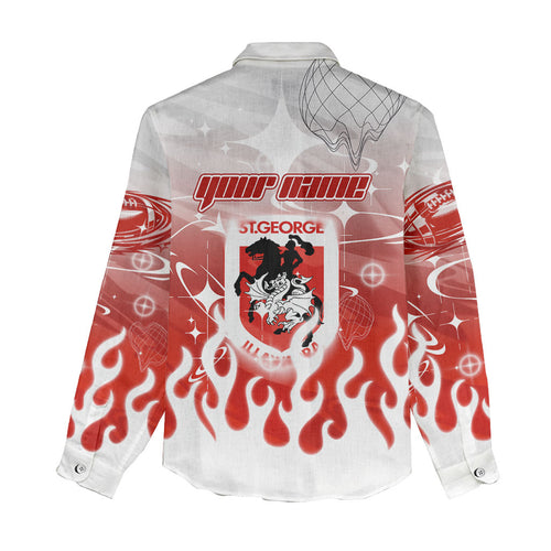 Personalized St. George Illawarra Dragons Women Casual Shirt Y2K Grunge Aesthetic With Cyber Flames and Starburst Graphics