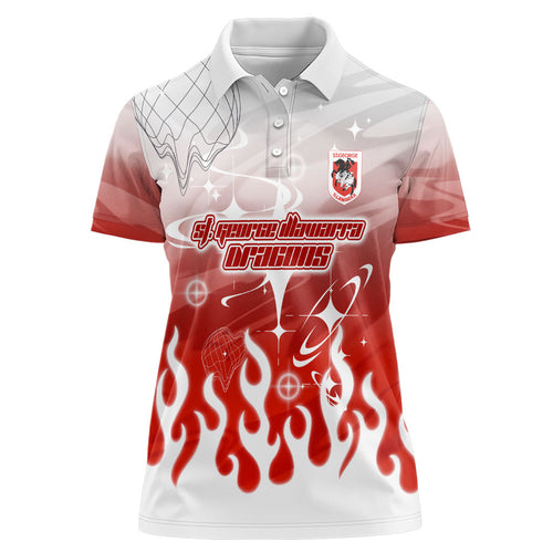 Personalized St. George Illawarra Dragons Women Polo Shirt Y2K Grunge Aesthetic With Cyber Flames and Starburst Graphics