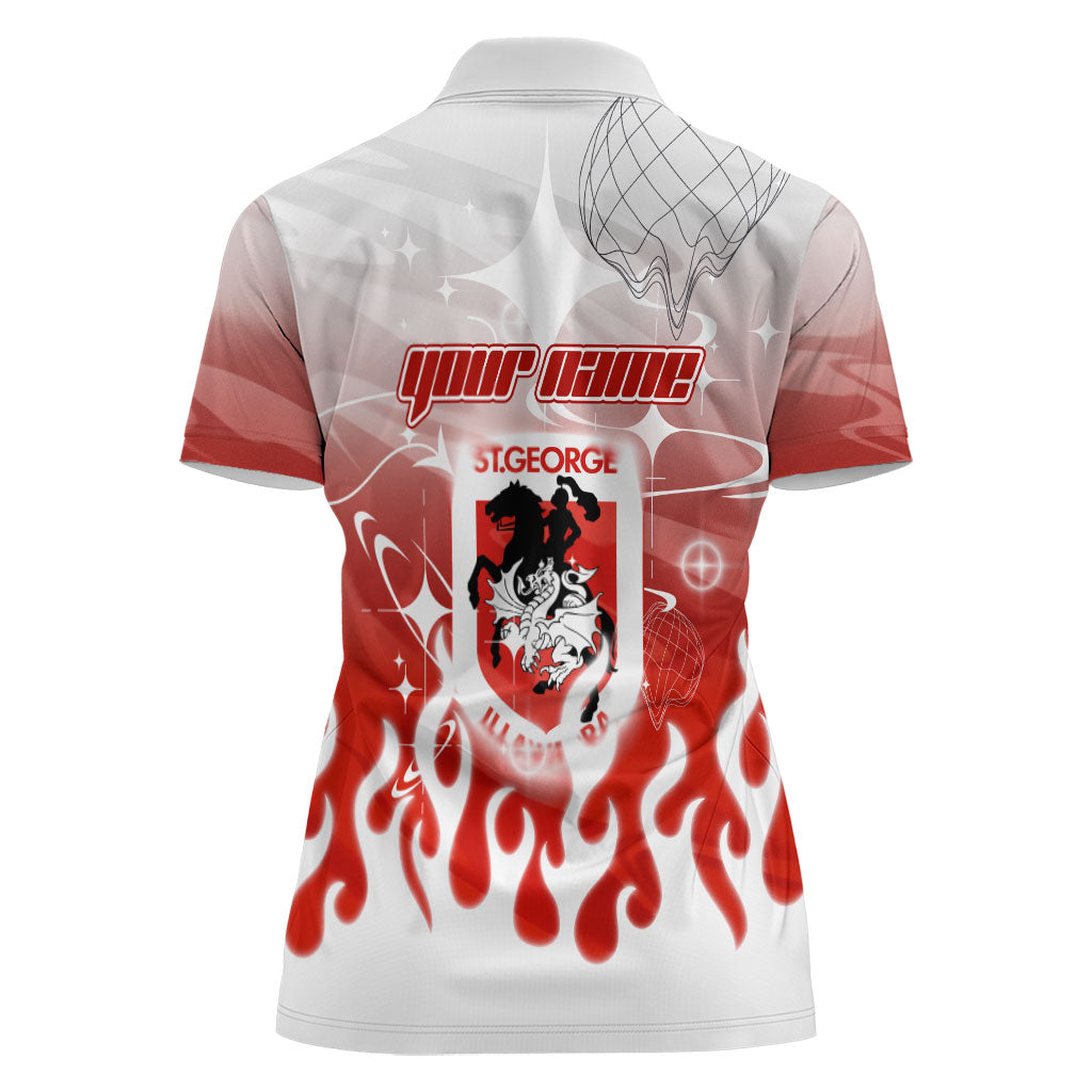Personalized St. George Illawarra Dragons Women Polo Shirt Y2K Grunge Aesthetic With Cyber Flames and Starburst Graphics