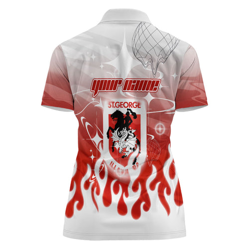 Personalized St. George Illawarra Dragons Women Polo Shirt Y2K Grunge Aesthetic With Cyber Flames and Starburst Graphics