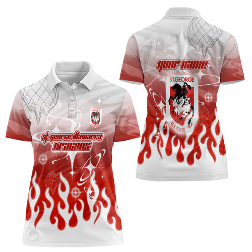 Personalized St. George Illawarra Dragons Women Polo Shirt Y2K Grunge Aesthetic With Cyber Flames and Starburst Graphics