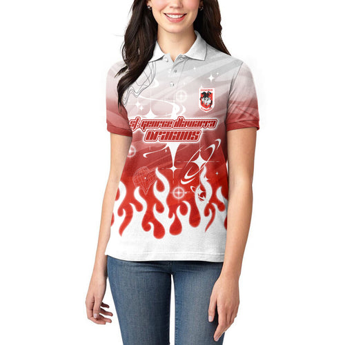 Personalized St. George Illawarra Dragons Women Polo Shirt Y2K Grunge Aesthetic With Cyber Flames and Starburst Graphics