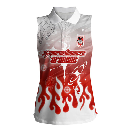 Personalized St. George Illawarra Dragons Women Sleeveless Polo Shirt Y2K Grunge Aesthetic With Cyber Flames and Starburst Graphics