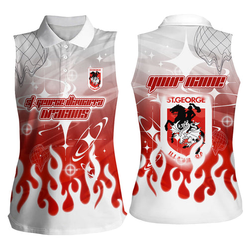 Personalized St. George Illawarra Dragons Women Sleeveless Polo Shirt Y2K Grunge Aesthetic With Cyber Flames and Starburst Graphics