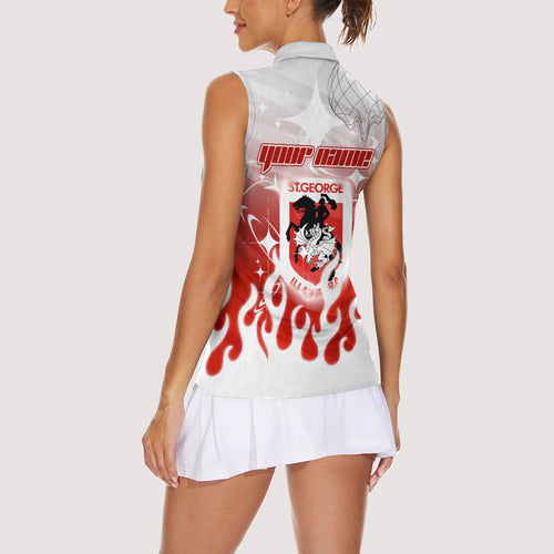 Personalized St. George Illawarra Dragons Women Sleeveless Polo Shirt Y2K Grunge Aesthetic With Cyber Flames and Starburst Graphics