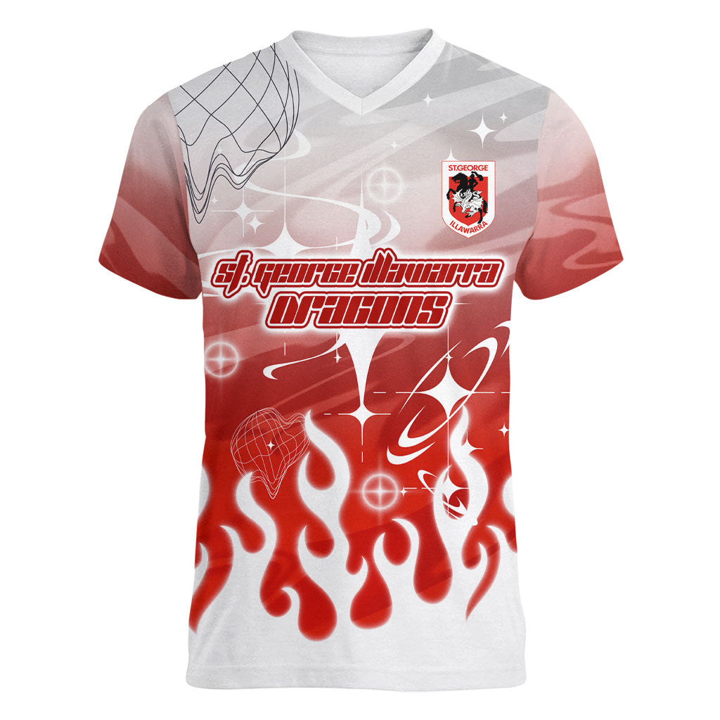 Personalized St. George Illawarra Dragons Women V-Neck T-Shirt Y2K Grunge Aesthetic With Cyber Flames and Starburst Graphics