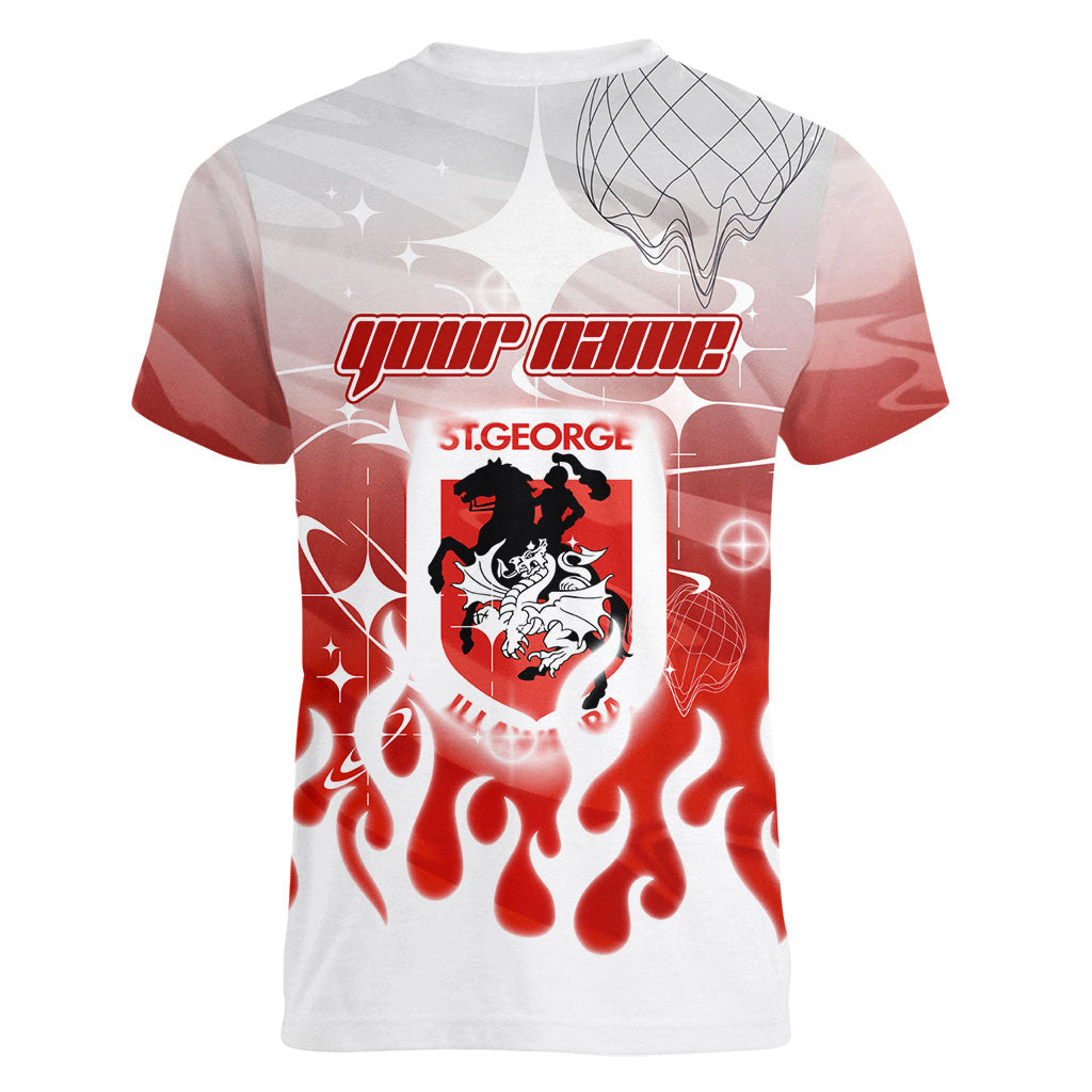 Personalized St. George Illawarra Dragons Women V-Neck T-Shirt Y2K Grunge Aesthetic With Cyber Flames and Starburst Graphics