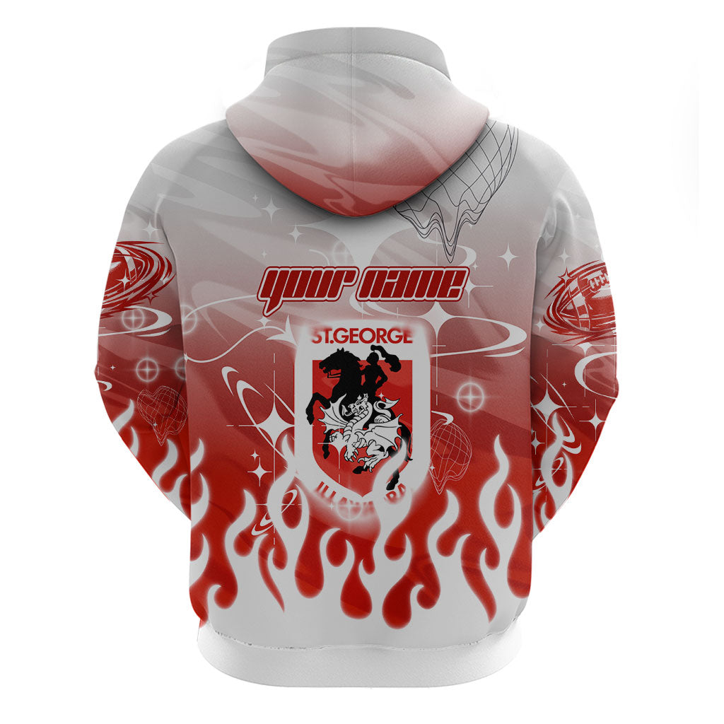 Personalized St. George Illawarra Dragons Zip Hoodie Y2K Grunge Aesthetic With Cyber Flames and Starburst Graphics