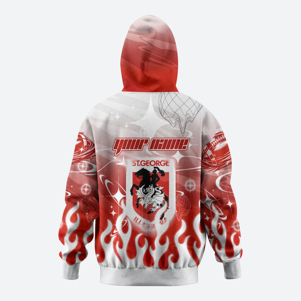 Personalized St. George Illawarra Dragons Zip Hoodie Y2K Grunge Aesthetic With Cyber Flames and Starburst Graphics