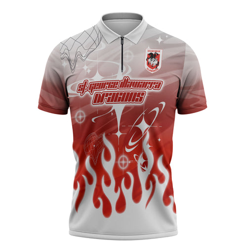Personalized St. George Illawarra Dragons Zipper Polo Shirt Y2K Grunge Aesthetic With Cyber Flames and Starburst Graphics