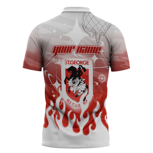 Personalized St. George Illawarra Dragons Zipper Polo Shirt Y2K Grunge Aesthetic With Cyber Flames and Starburst Graphics
