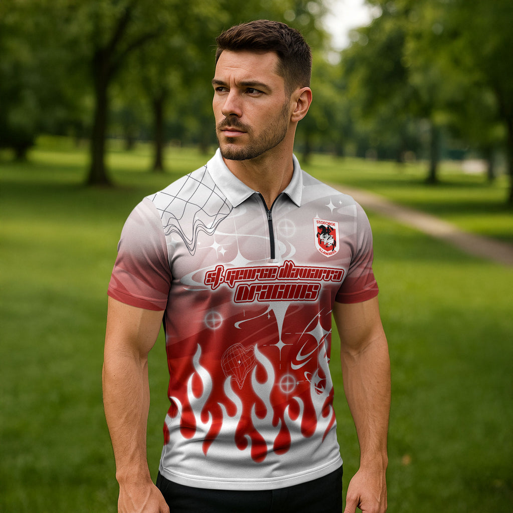 Personalized St. George Illawarra Dragons Zipper Polo Shirt Y2K Grunge Aesthetic With Cyber Flames and Starburst Graphics