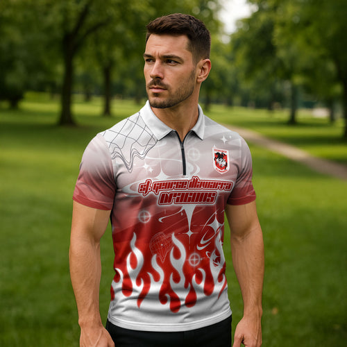 Personalized St. George Illawarra Dragons Zipper Polo Shirt Y2K Grunge Aesthetic With Cyber Flames and Starburst Graphics