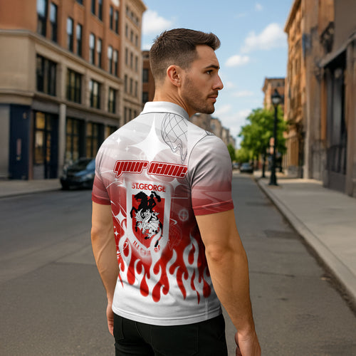 Personalized St. George Illawarra Dragons Zipper Polo Shirt Y2K Grunge Aesthetic With Cyber Flames and Starburst Graphics