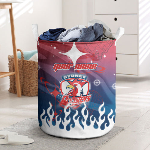 Personalized Sydney Roosters Laundry Basket Y2K Grunge Aesthetic With Cyber Flames and Starburst Graphics