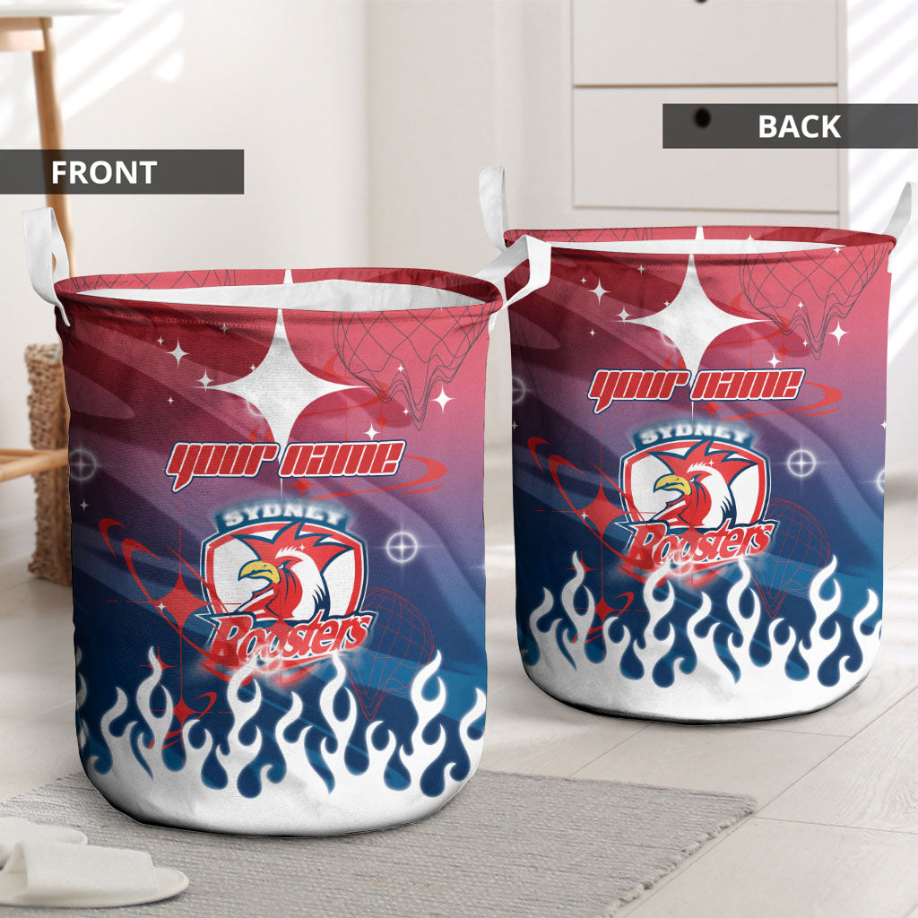 Personalized Sydney Roosters Laundry Basket Y2K Grunge Aesthetic With Cyber Flames and Starburst Graphics