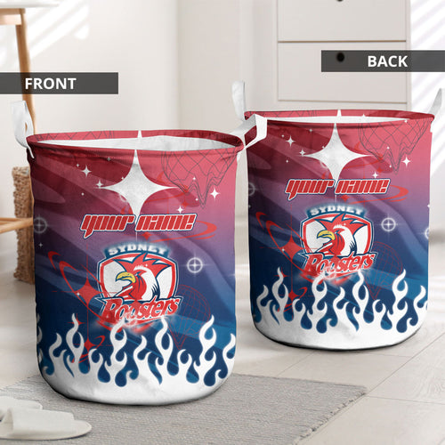 Personalized Sydney Roosters Laundry Basket Y2K Grunge Aesthetic With Cyber Flames and Starburst Graphics