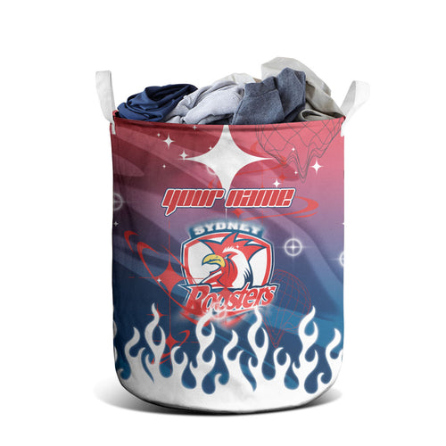 Personalized Sydney Roosters Laundry Basket Y2K Grunge Aesthetic With Cyber Flames and Starburst Graphics