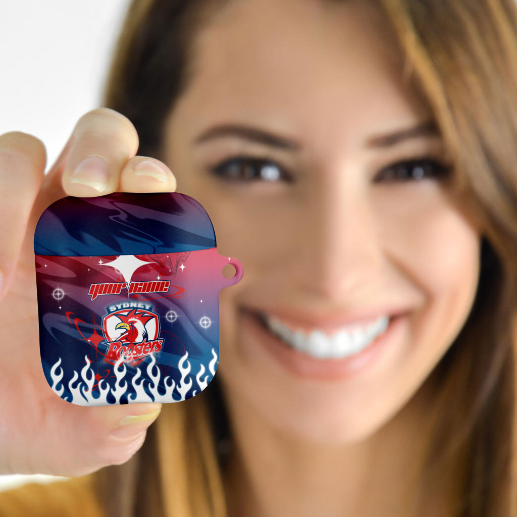 Personalized Sydney Roosters AirPods Case Y2K Grunge Aesthetic With Cyber Flames and Starburst Graphics