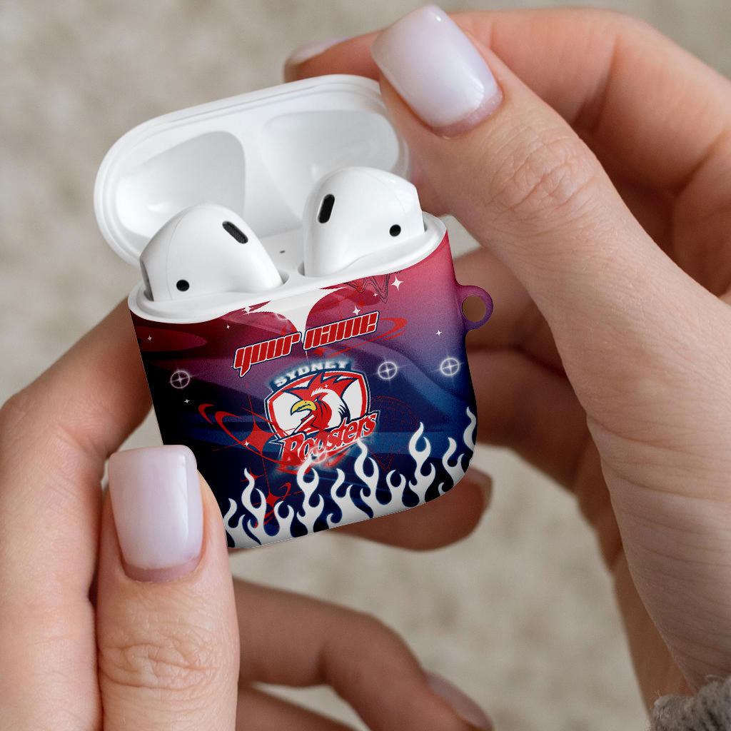 Personalized Sydney Roosters AirPods Case Y2K Grunge Aesthetic With Cyber Flames and Starburst Graphics