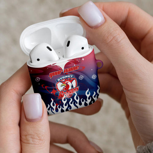 Personalized Sydney Roosters AirPods Case Y2K Grunge Aesthetic With Cyber Flames and Starburst Graphics