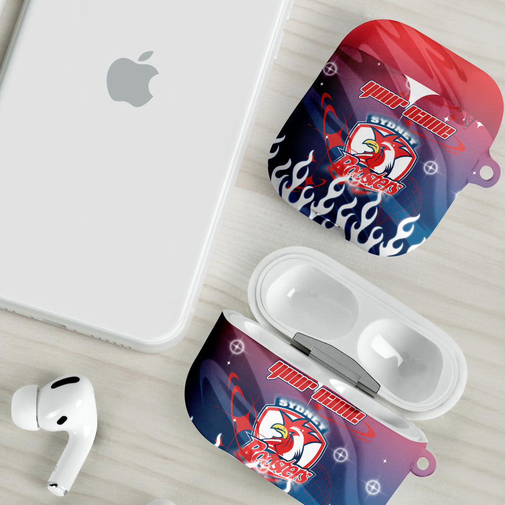 Personalized Sydney Roosters AirPods Case Y2K Grunge Aesthetic With Cyber Flames and Starburst Graphics