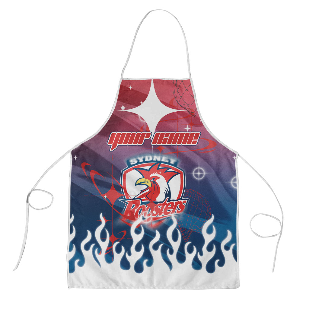 Personalized Sydney Roosters Apron Y2K Grunge Aesthetic With Cyber Flames and Starburst Graphics