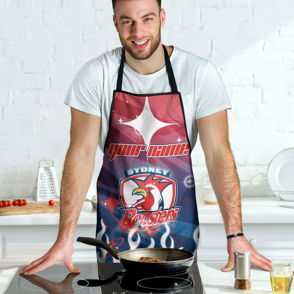 Personalized Sydney Roosters Apron Y2K Grunge Aesthetic With Cyber Flames and Starburst Graphics