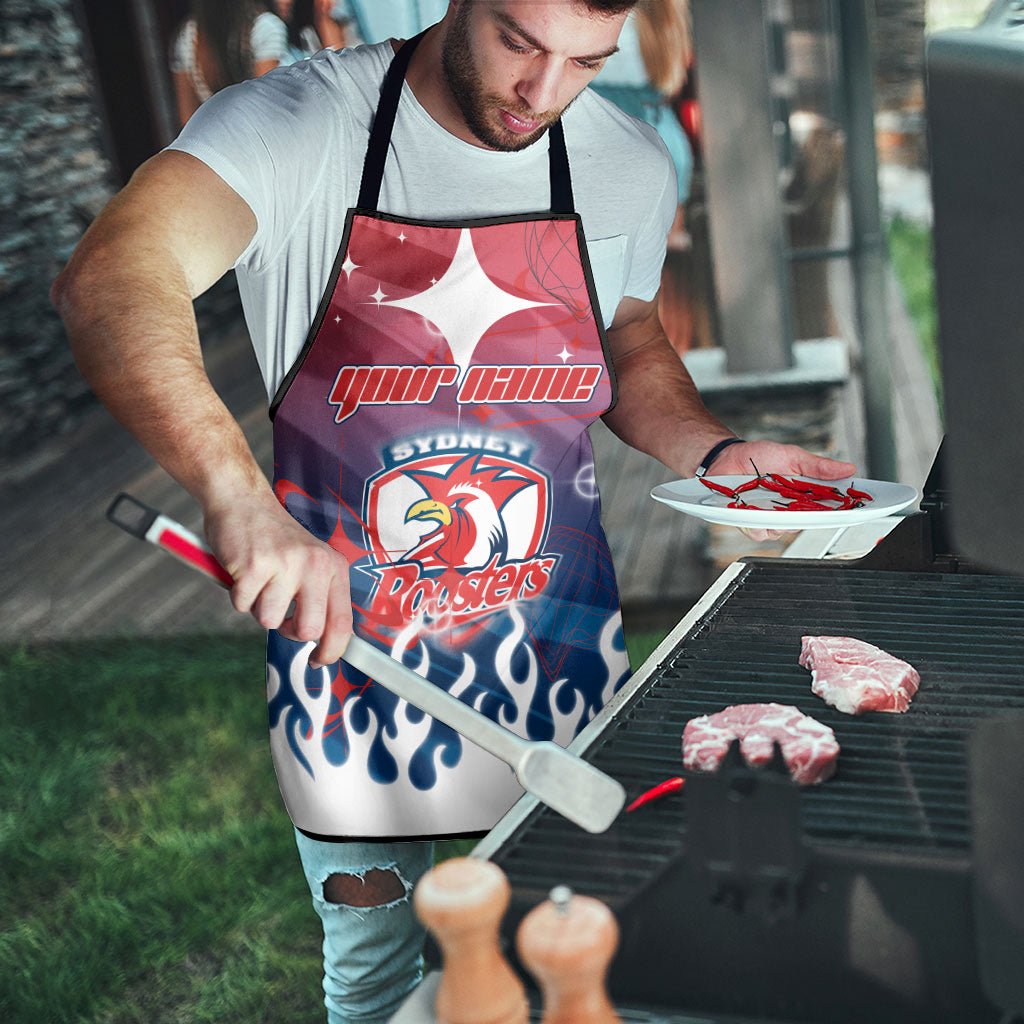 Personalized Sydney Roosters Apron Y2K Grunge Aesthetic With Cyber Flames and Starburst Graphics