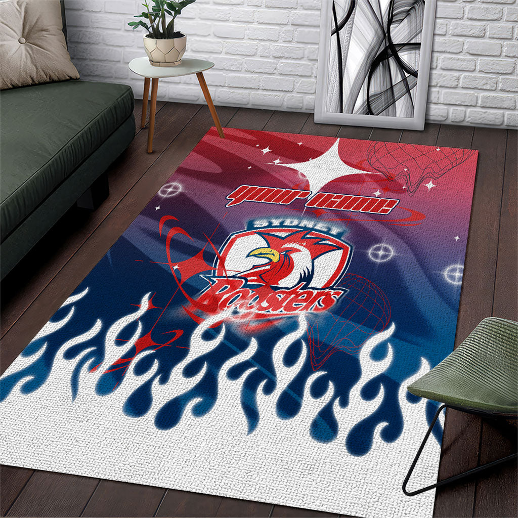 Personalized Sydney Roosters Area Rug Y2K Grunge Aesthetic With Cyber Flames and Starburst Graphics