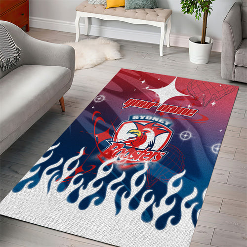 Personalized Sydney Roosters Area Rug Y2K Grunge Aesthetic With Cyber Flames and Starburst Graphics