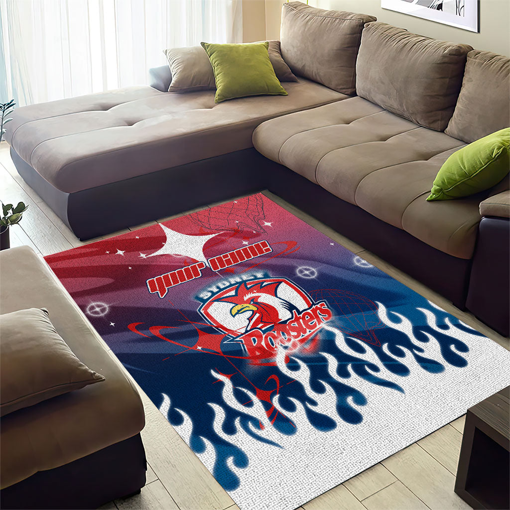 Personalized Sydney Roosters Area Rug Y2K Grunge Aesthetic With Cyber Flames and Starburst Graphics