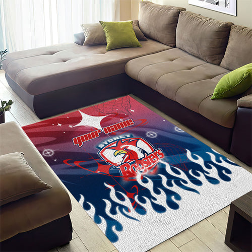 Personalized Sydney Roosters Area Rug Y2K Grunge Aesthetic With Cyber Flames and Starburst Graphics