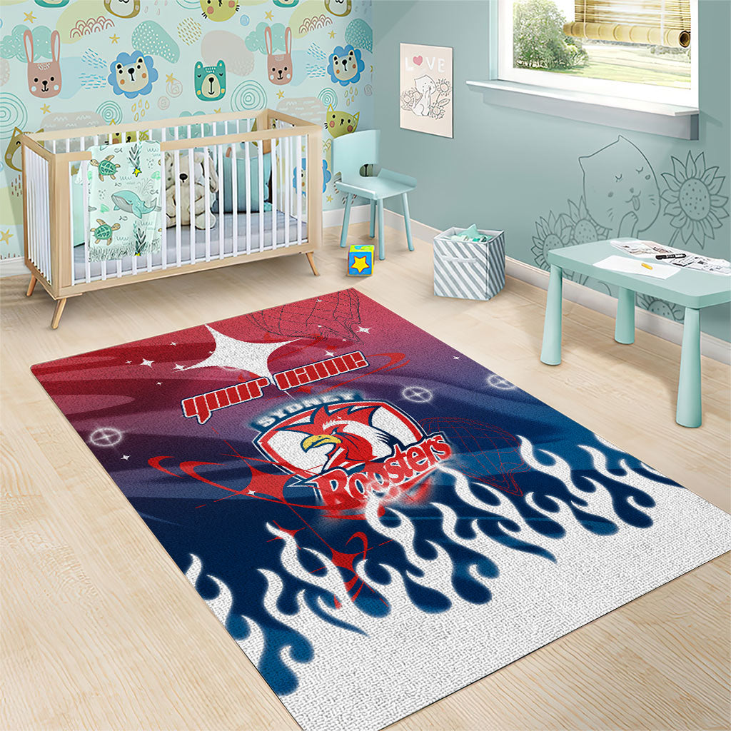 Personalized Sydney Roosters Area Rug Y2K Grunge Aesthetic With Cyber Flames and Starburst Graphics