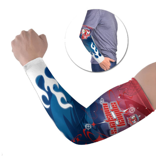 Personalized Sydney Roosters Arm Sleeves Y2K Grunge Aesthetic With Cyber Flames and Starburst Graphics