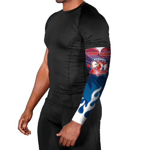 Personalized Sydney Roosters Arm Sleeves Y2K Grunge Aesthetic With Cyber Flames and Starburst Graphics