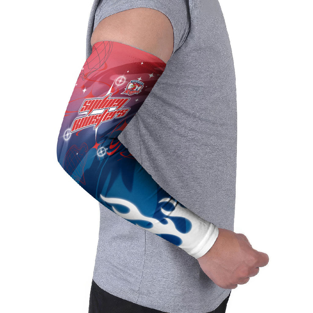 Personalized Sydney Roosters Arm Sleeves Y2K Grunge Aesthetic With Cyber Flames and Starburst Graphics