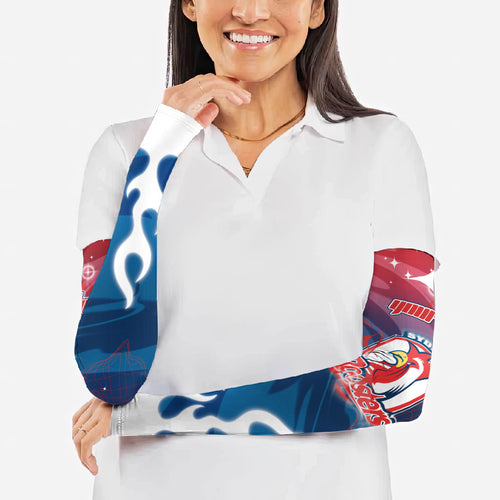 Personalized Sydney Roosters Arm Sleeves Y2K Grunge Aesthetic With Cyber Flames and Starburst Graphics