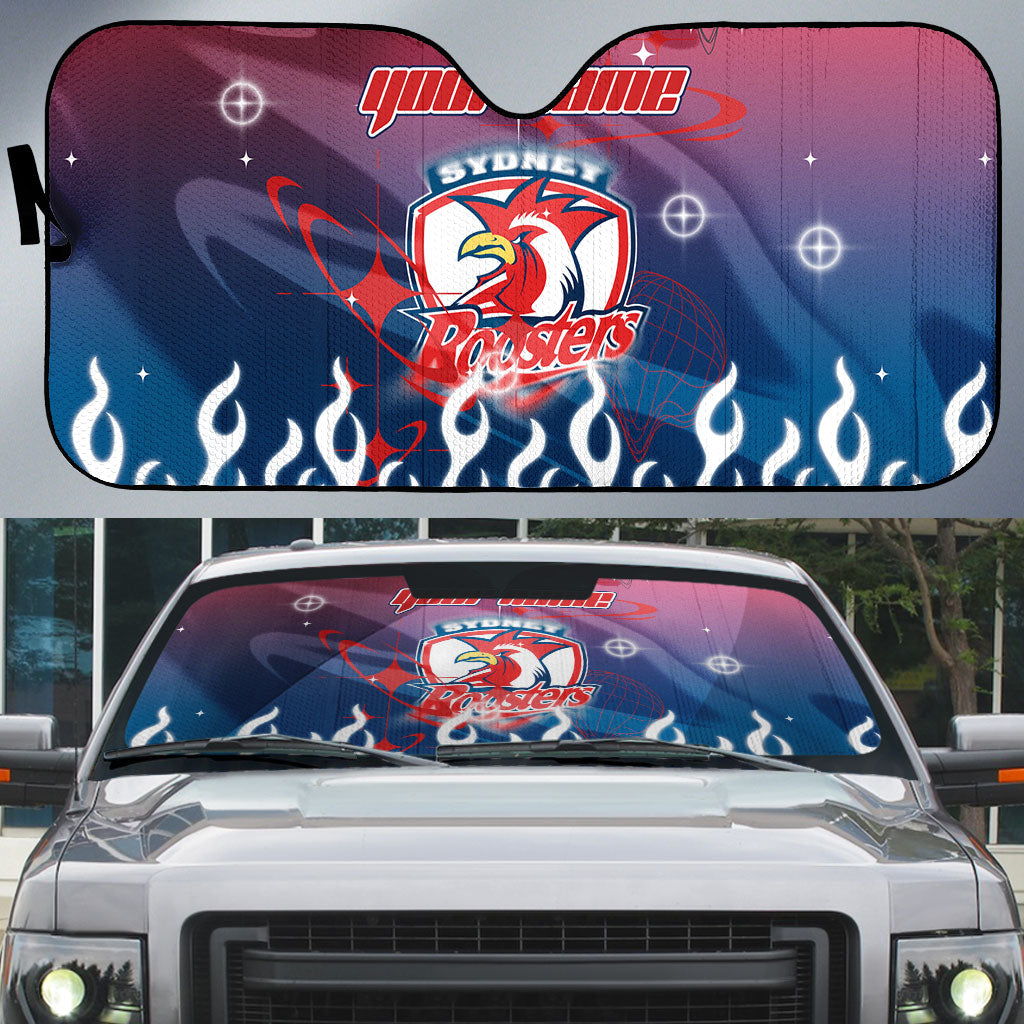 Personalized Sydney Roosters Auto Sun Shade Y2K Grunge Aesthetic With Cyber Flames and Starburst Graphics