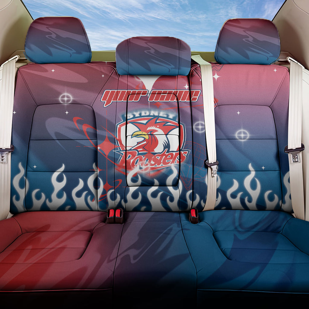 Personalized Sydney Roosters Back Car Seat Cover Y2K Grunge Aesthetic With Cyber Flames and Starburst Graphics