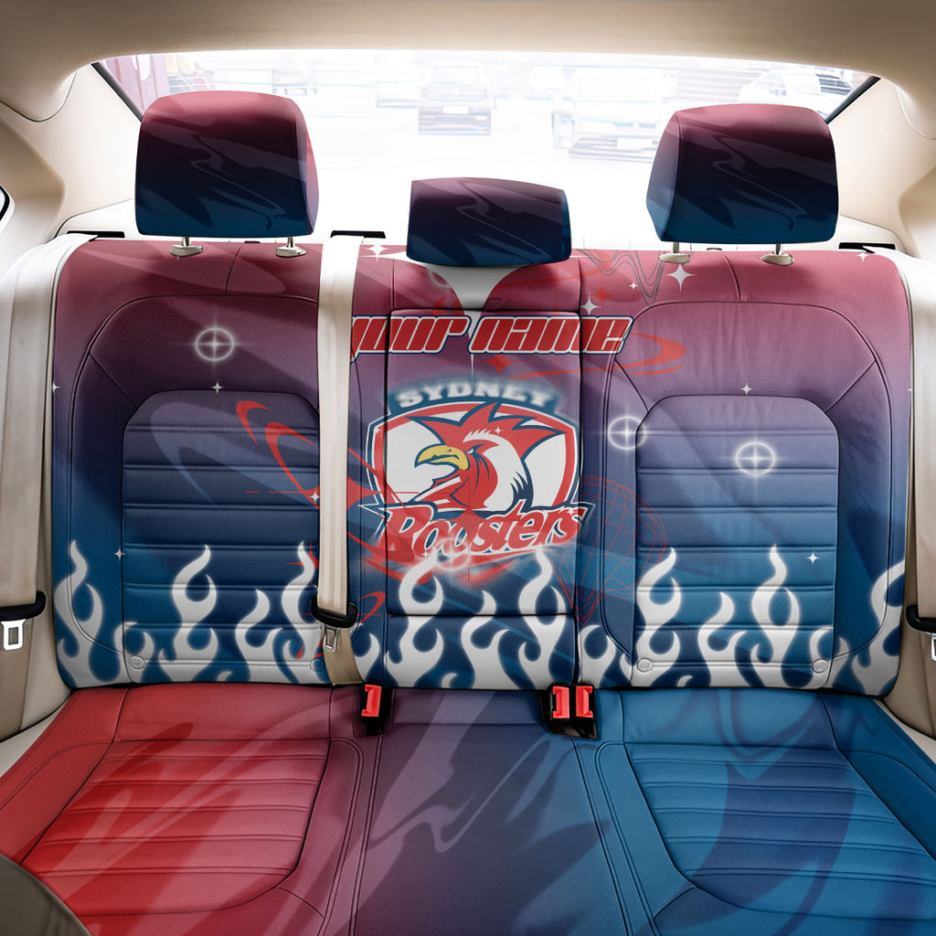 Personalized Sydney Roosters Back Car Seat Cover Y2K Grunge Aesthetic With Cyber Flames and Starburst Graphics