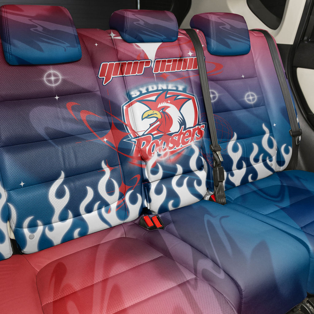 Personalized Sydney Roosters Back Car Seat Cover Y2K Grunge Aesthetic With Cyber Flames and Starburst Graphics