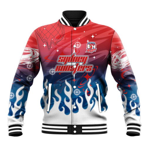 Personalized Sydney Roosters Baseball Jacket Y2K Grunge Aesthetic With Cyber Flames and Starburst Graphics