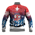 Personalized Sydney Roosters Baseball Jacket Y2K Grunge Aesthetic With Cyber Flames and Starburst Graphics