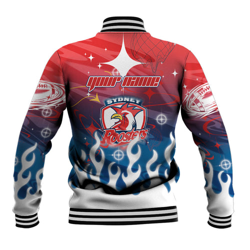 Personalized Sydney Roosters Baseball Jacket Y2K Grunge Aesthetic With Cyber Flames and Starburst Graphics